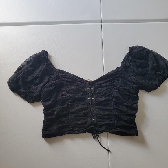 Y2K Whimsigoth Witch Goth Girl Top XL Black Puff Sleeve Lace Crop Ruched Corset1 - Picture 1 of 8